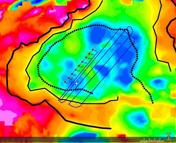 En rojo, los puntos de lanzado de OBS. Los puntos P1 y P2 indican el comienzo y final del perfil sísmico que realizaremos pasado mañana. En azul, la derrota de remolcado con magnetómetro realizada en los días anteriores