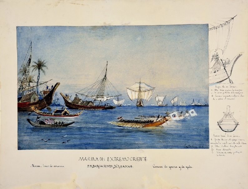 Embarcaciones birmanas. Rafael Monleón, 1889.