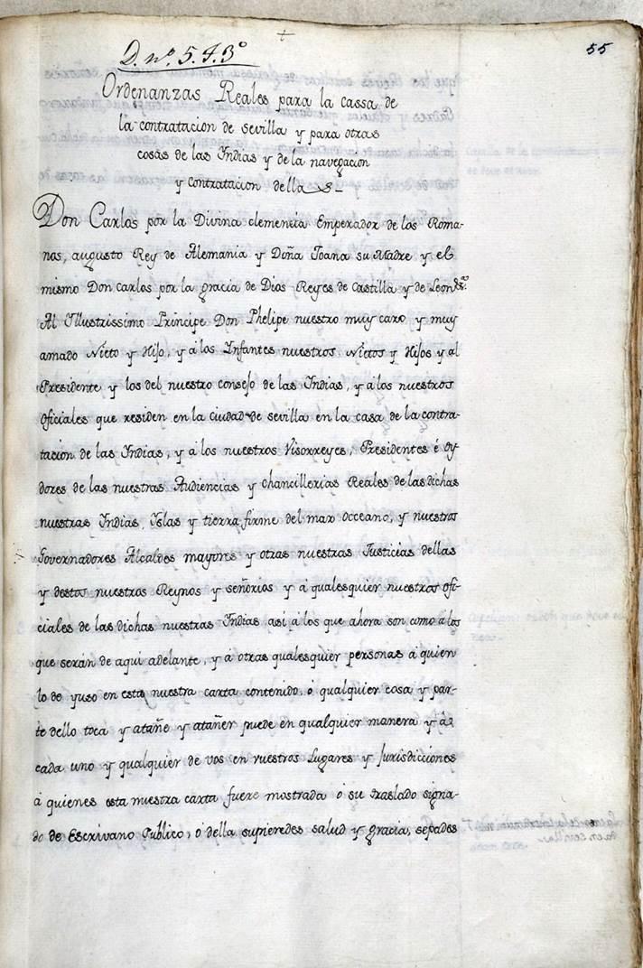 Ordenanzas Reales para la Casa de la Contratación de Sevilla y para otras cosas de las Indias y de la navegación y contratación de ellas, de 1552 (copia de 1792)