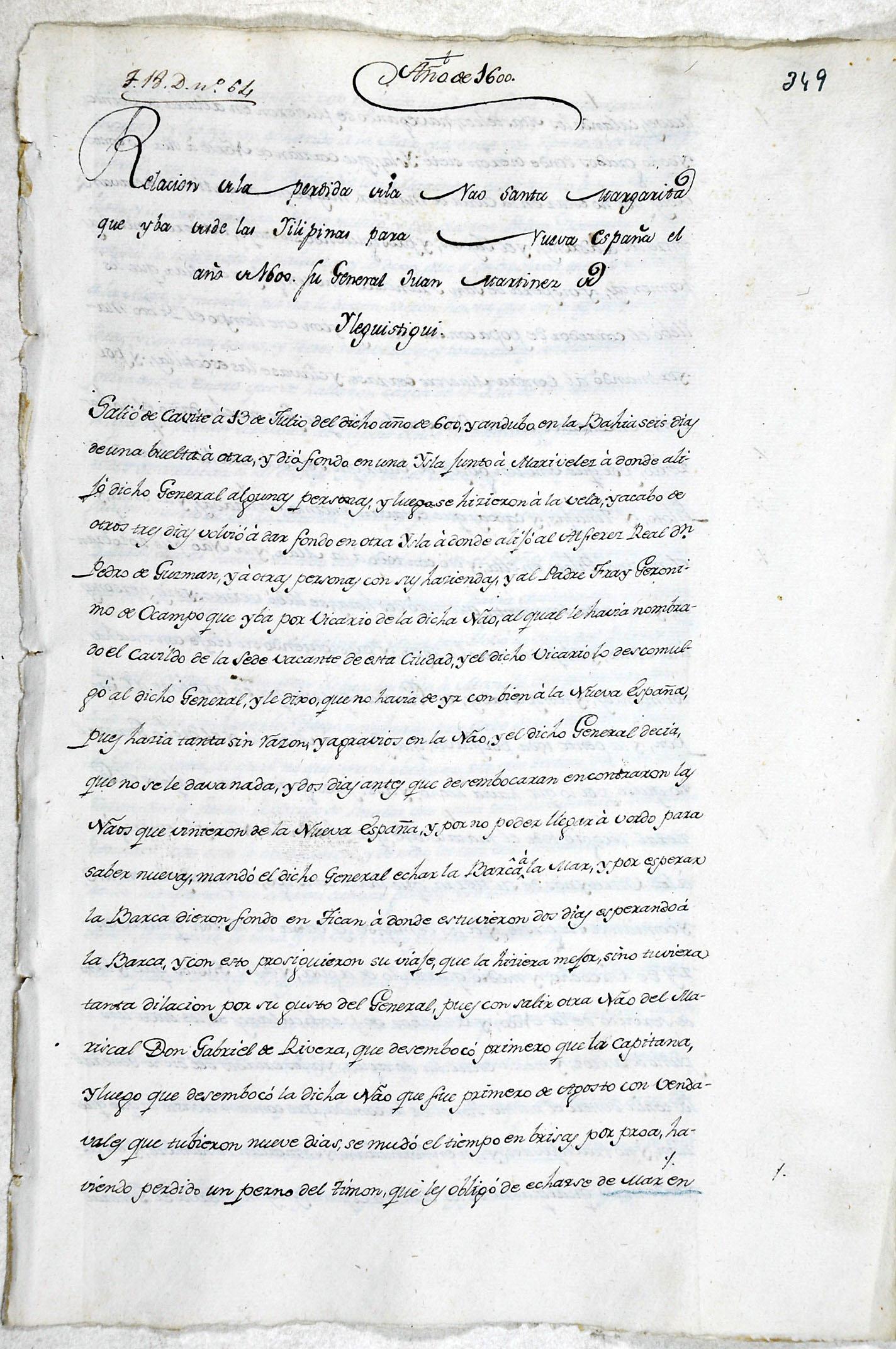 Relación de la pérdida de la Nao Santa Margarita de 1794.
