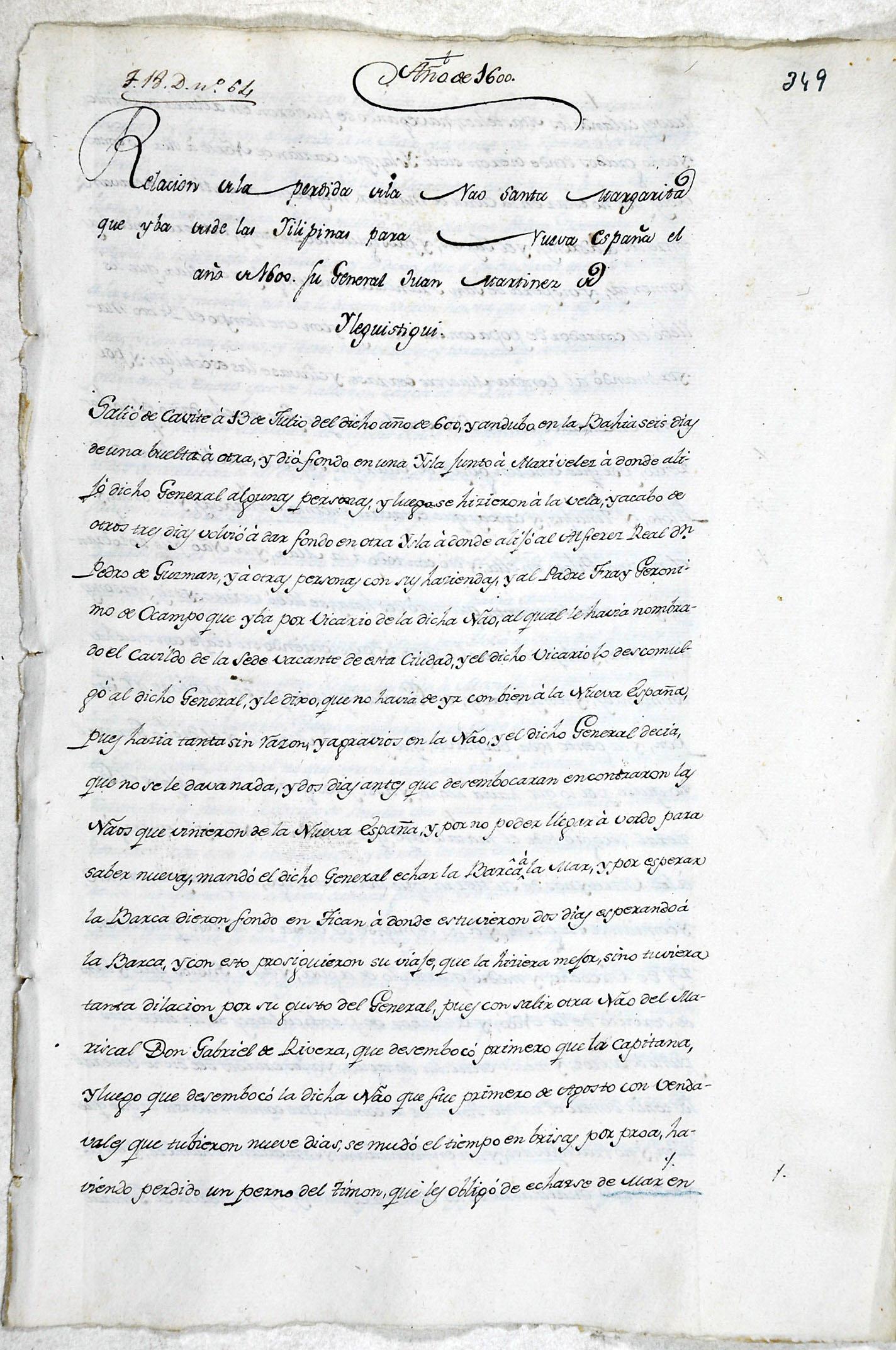 Relación de la pérdida de la Nao Santa Margarita de 1794.