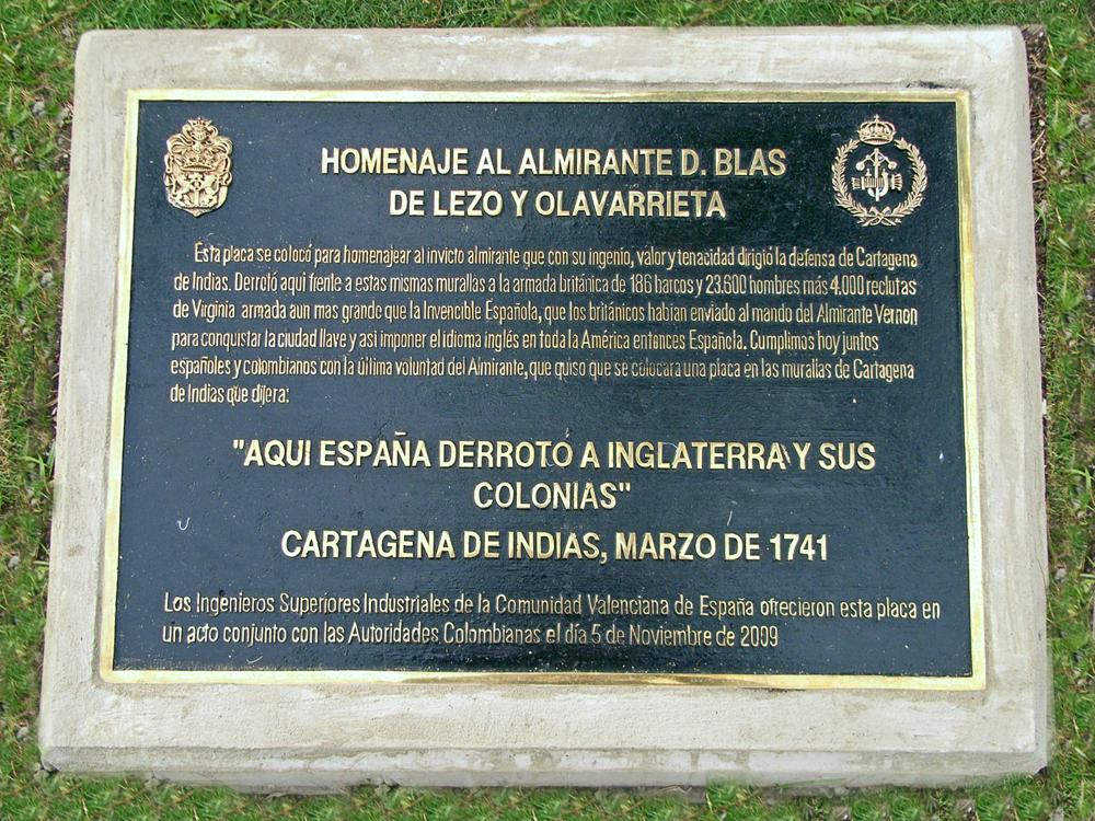 Placa conmemorativa en honor al almirante Blas de Lezo