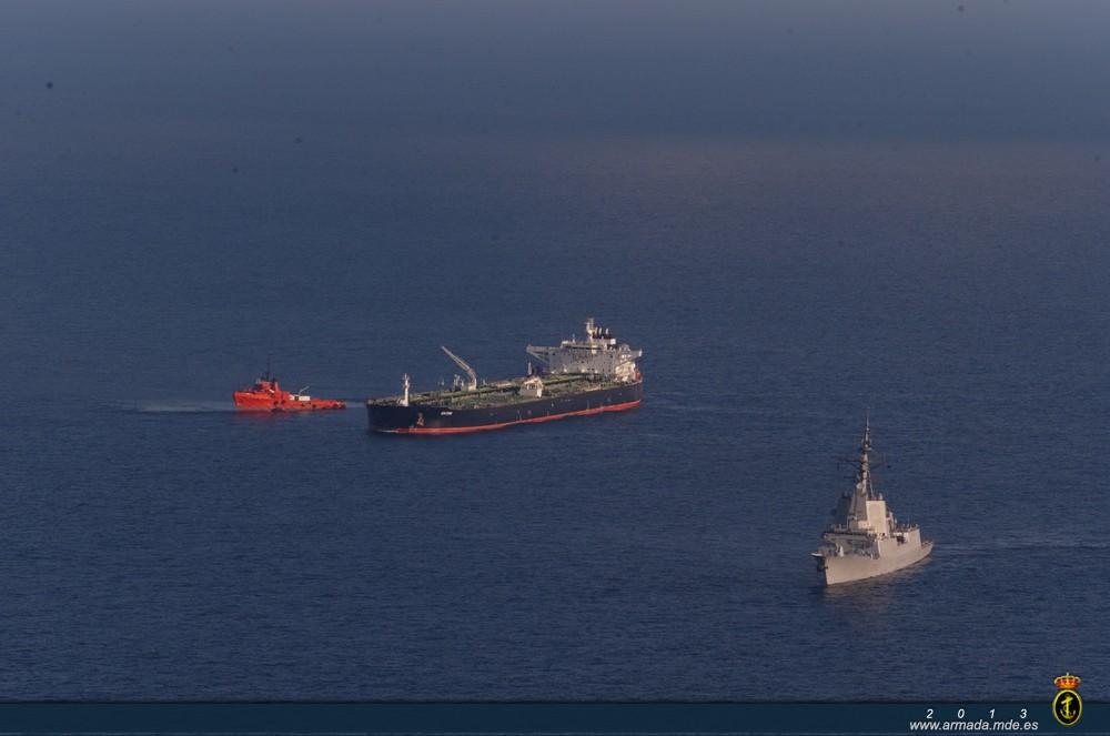 The Spanish frigate provided escort to the oil tanker until she could sail in safe waters