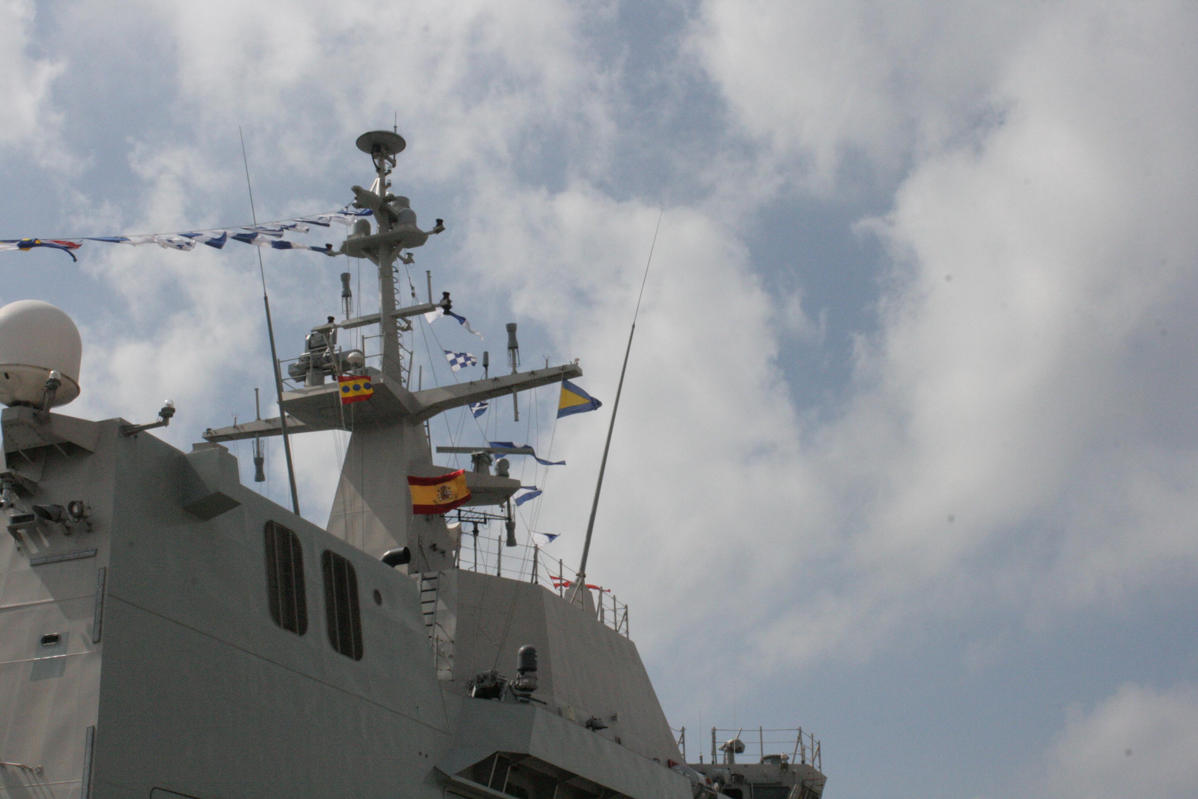 The Battle Ensign flying on board the Spanish Navy vessel.