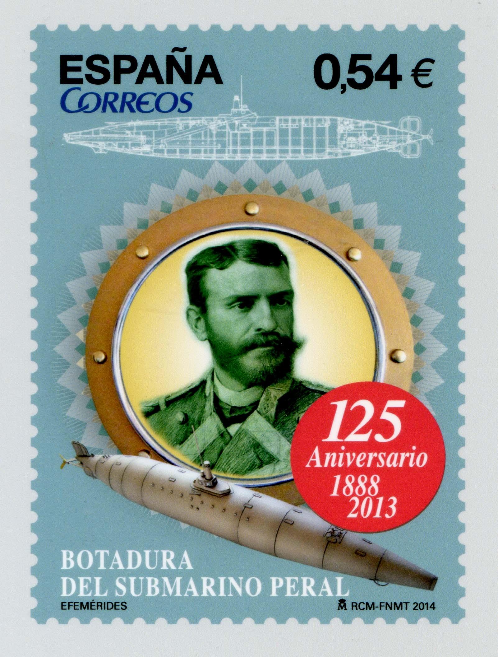 Sello que conmemora el 125 aniversario de la botadura del submarino Peral