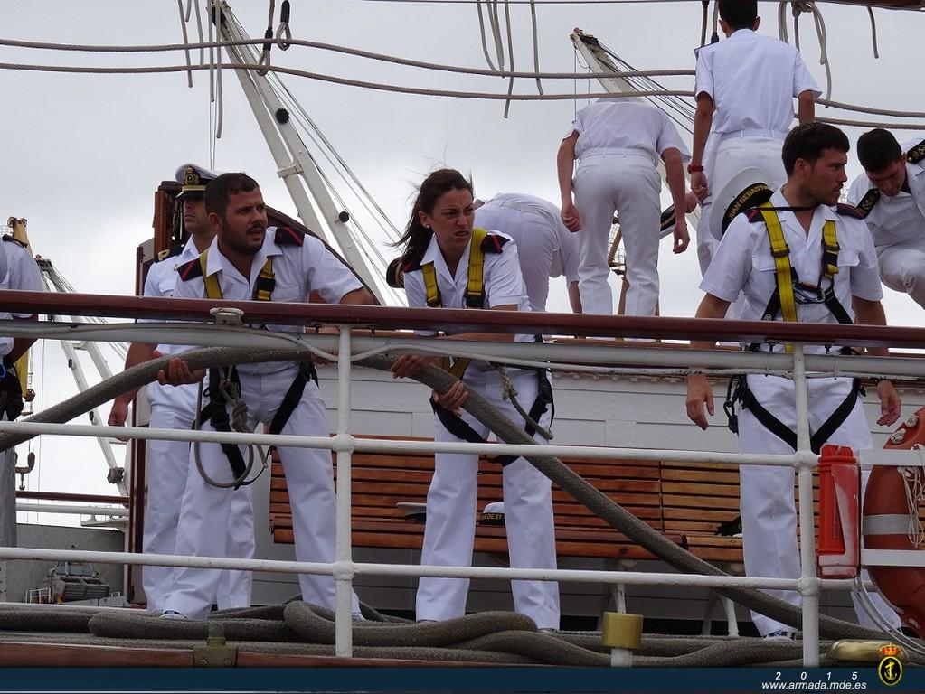 Crew members during the docking manoeuver