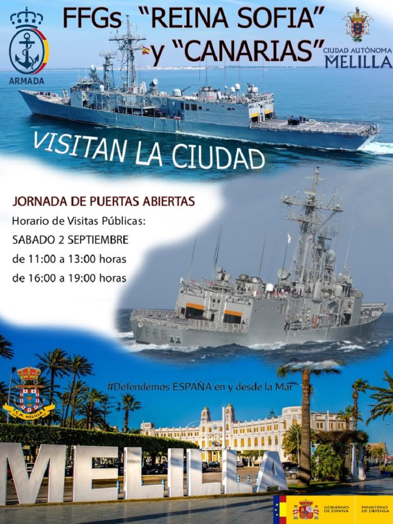Poster announcing the visit of the 2 frigates to the city of Melilla.