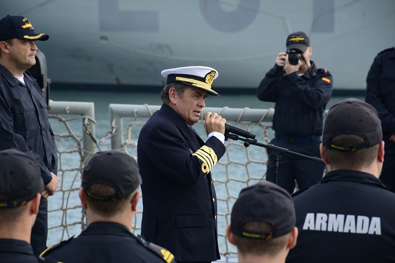 The Fleet Commander delivering a speech to the crew
