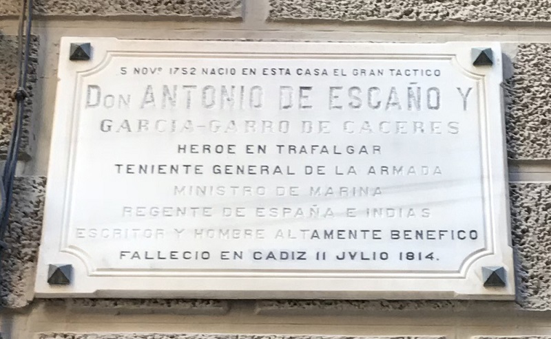 Lápida colocada en la casa donde nació D. Antonio de Escaño y García de Cáceres, en el número 6 de la calle Medieras, en Cartagena (Murcia). 