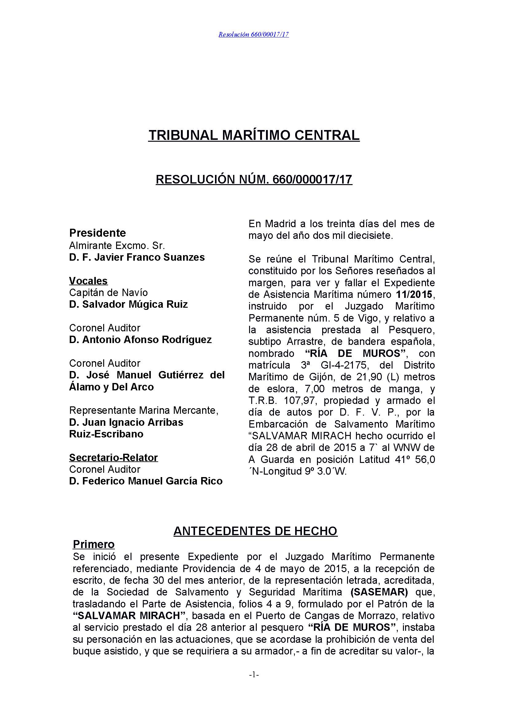 RESOLUCIÓN NÚM. 660/000017/17 RÍA DE MUROS