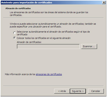Ventana Windows del asistente. Almac�n de certificados.