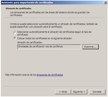 Ventana asistente Windows. Almac�n de certificados.