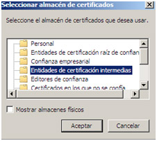 Ventana Windows proceso instalaci�n certificado. Almac�n para certificados intermedios